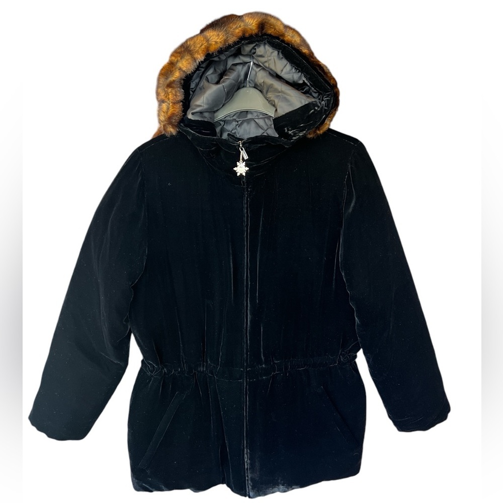 Lauren Ralph Lauren Black Velvet Coat Fur Trimmed Hood Women’s Sz S/M